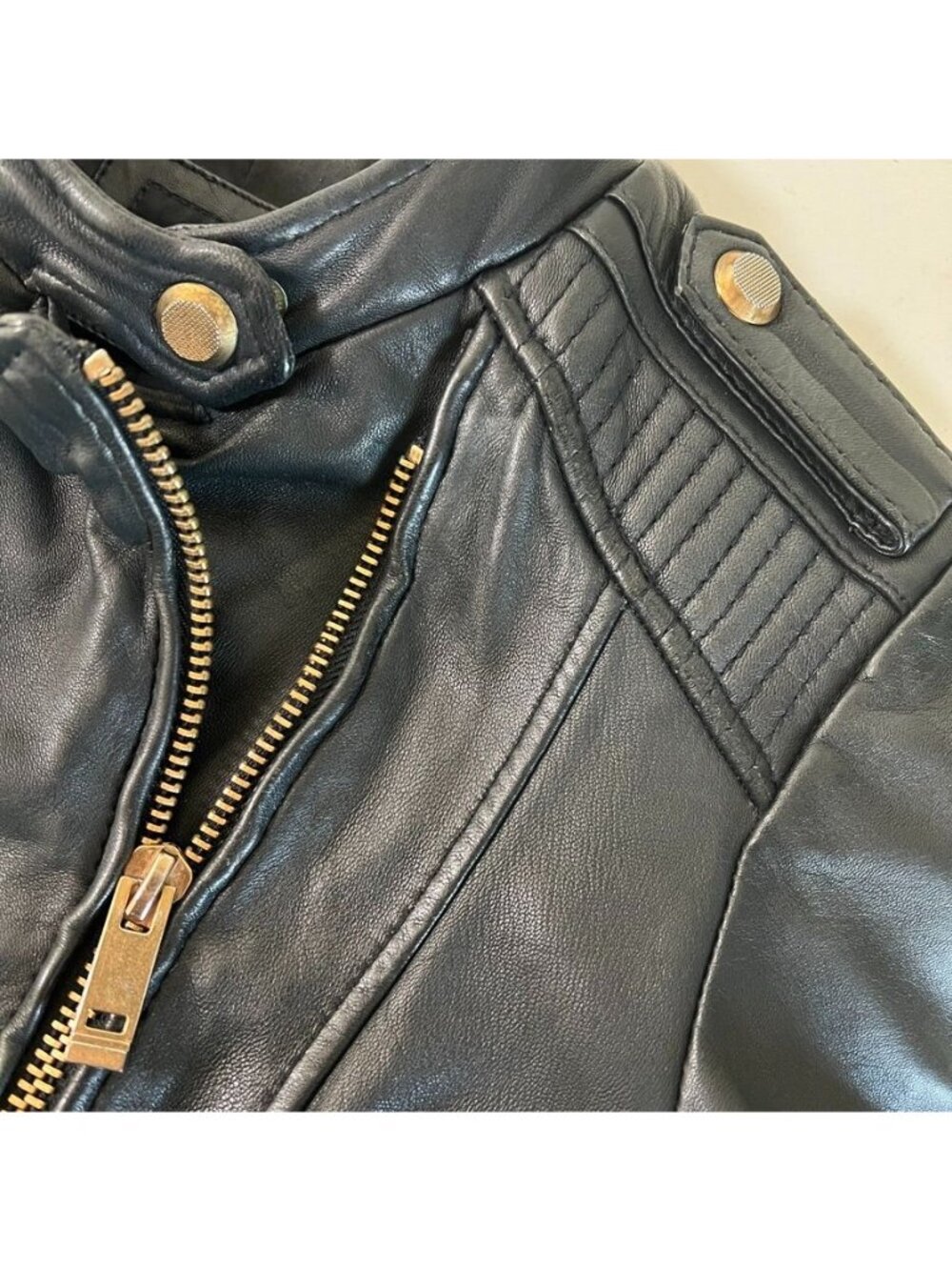 Zara Black Lamb Leather Moto Jacket Gold Hardware Quilted Biker Womens Sz Large - Picture 9 of 16